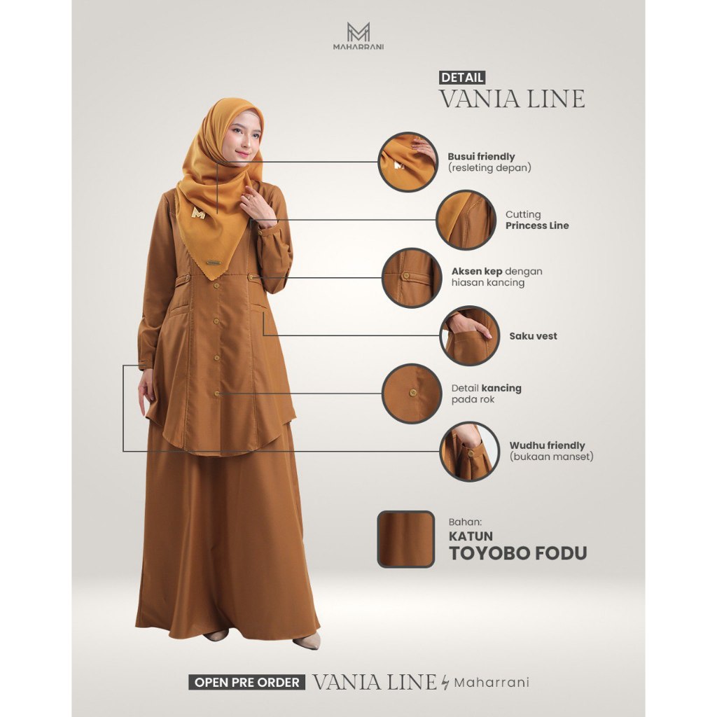 Seragam Dinas Pemda Khaki Gamis Dinas Wanita Katun Toyobo Vania Line Khaki Busui Bumil Friendly