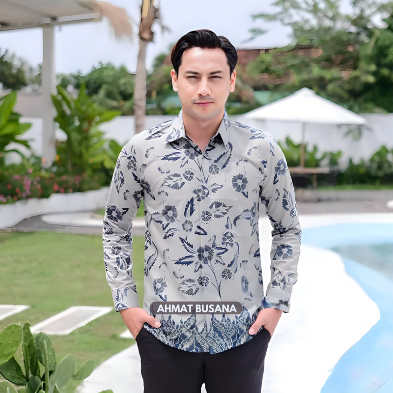Kemeja Batik Pria SlimFit Premium Motif Daun Abu Lengan Panjang Lapis Furing