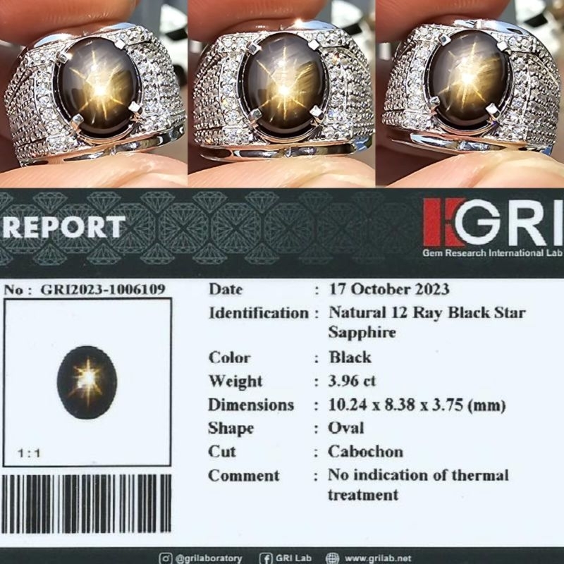 natural NTE black star 12 safir 3.96 cts ring perak memo GRI lab