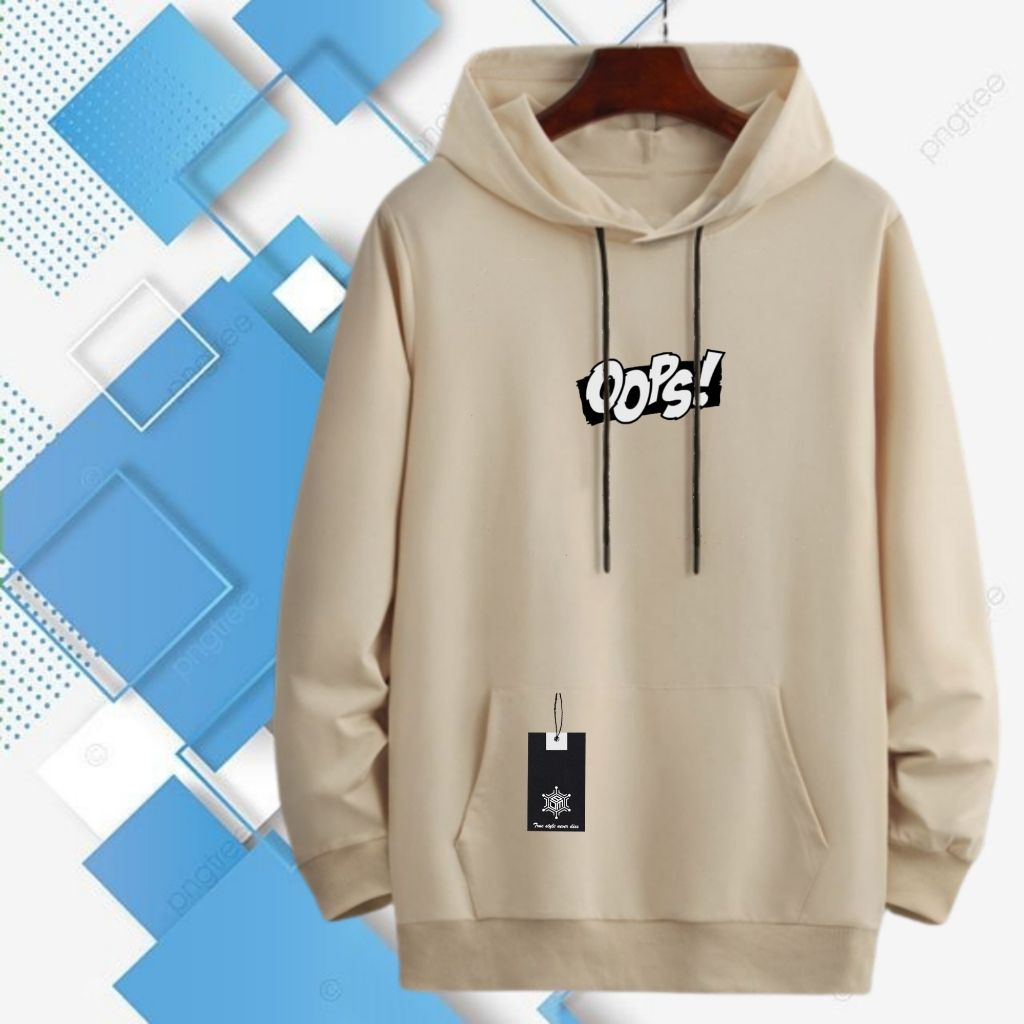 hoodie pria distro polosan kekinian 2023 warna cream logo di saku switer cowok keren tebal murah