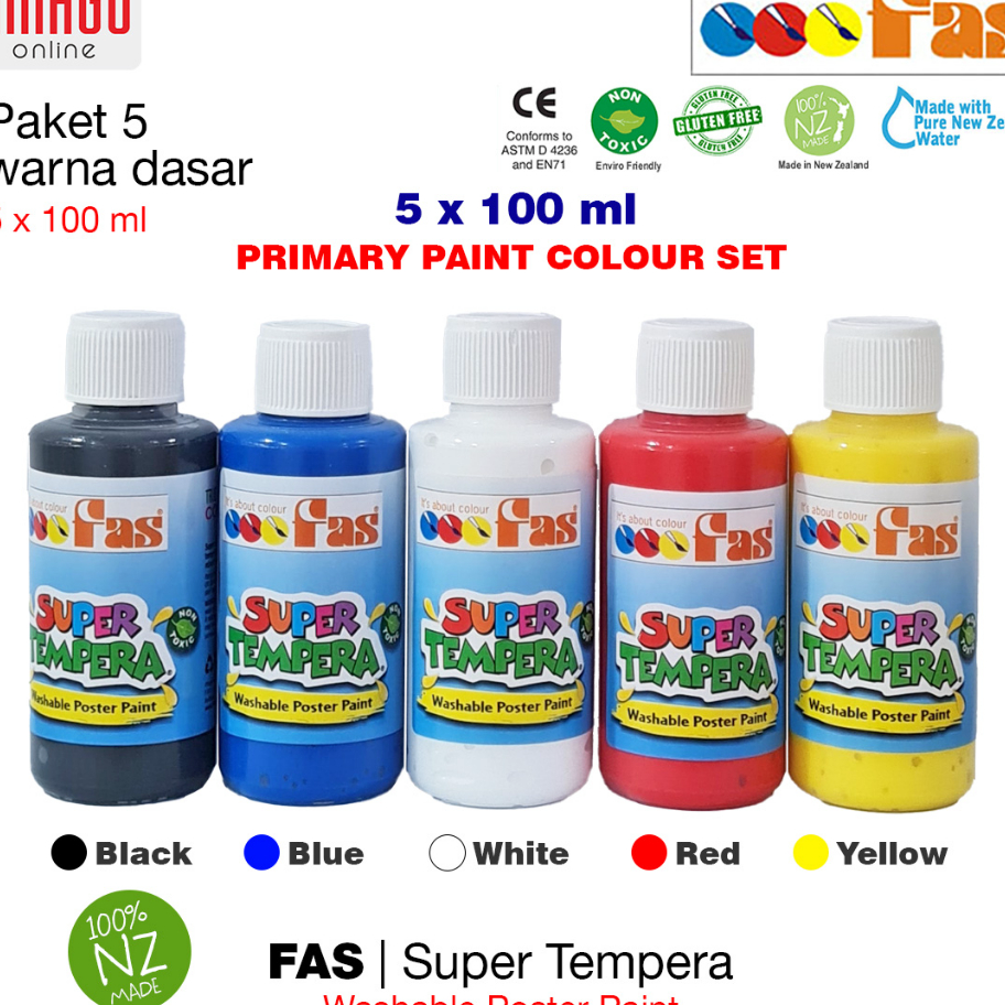 

➱➴≛❉ FAS Super Tempera Primary Colour Set - Cat Permanen cepat kering Lukis Sekolah - 5 @ 100 ml Terbaru