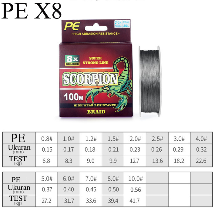 Senar benang pancing PE X8 Scorpion kemasan merah 100 meter