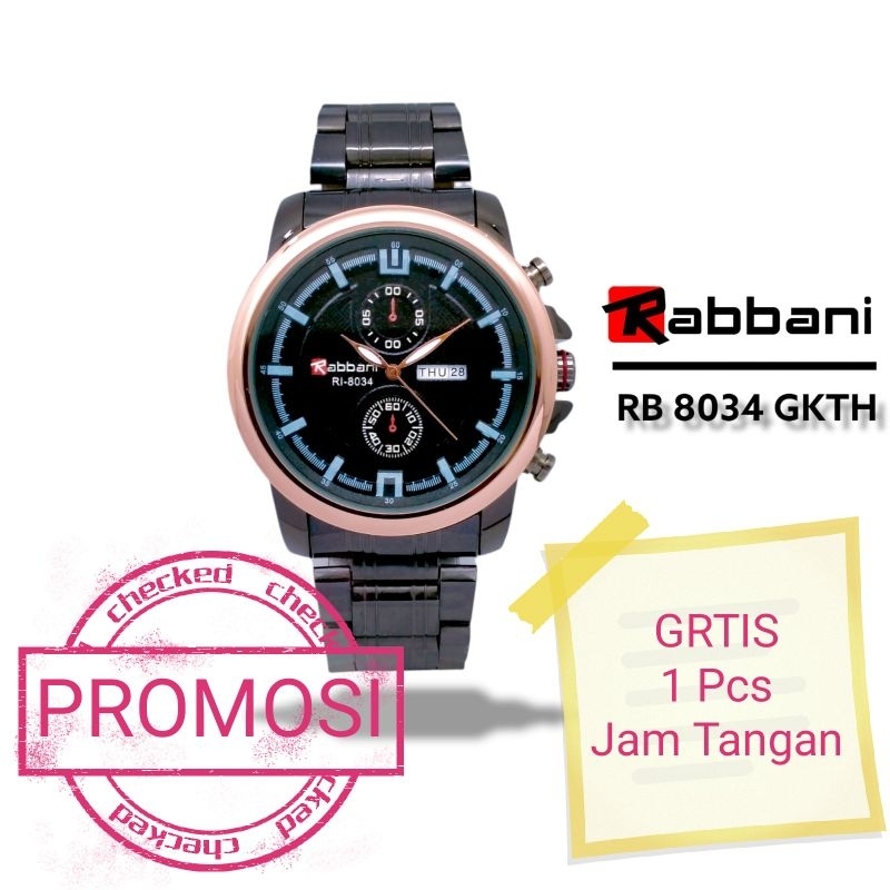 Jam tangan khusus pria, rantai hitam kombinasi, model sport ada tanggal dan hari, merk Rabbani