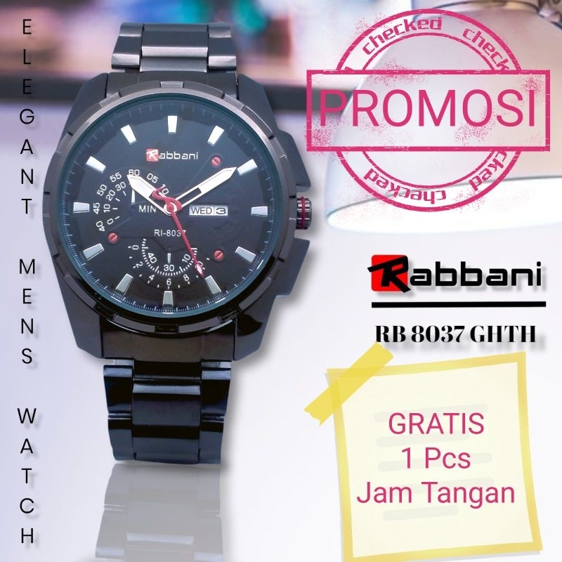 Jam tangan khusus pria, rantai hitam full black ada tanggal dan hari, merk Rabbani.
