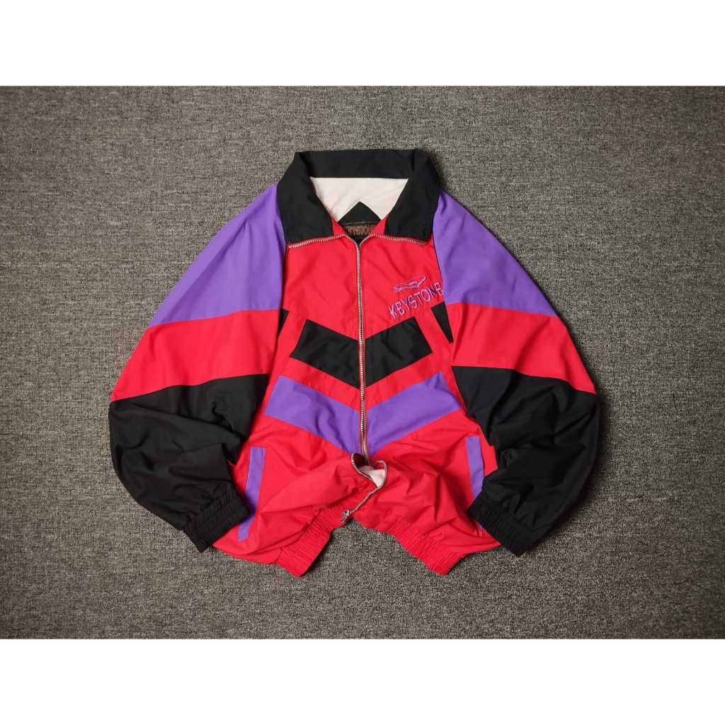Jaket Vintage Colorblock Gelembung Oversize second Jacket VTG Windbreaker Lengan Panjang Pria Wanita