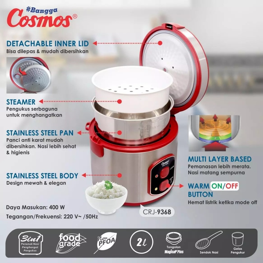 MAGIC COM COSMOS CRJ 9368 / RICE COOKER COSMOS 3IN1 KAPASITAS 2 LITER / COSMOS RICE COOKER CRJ 9368