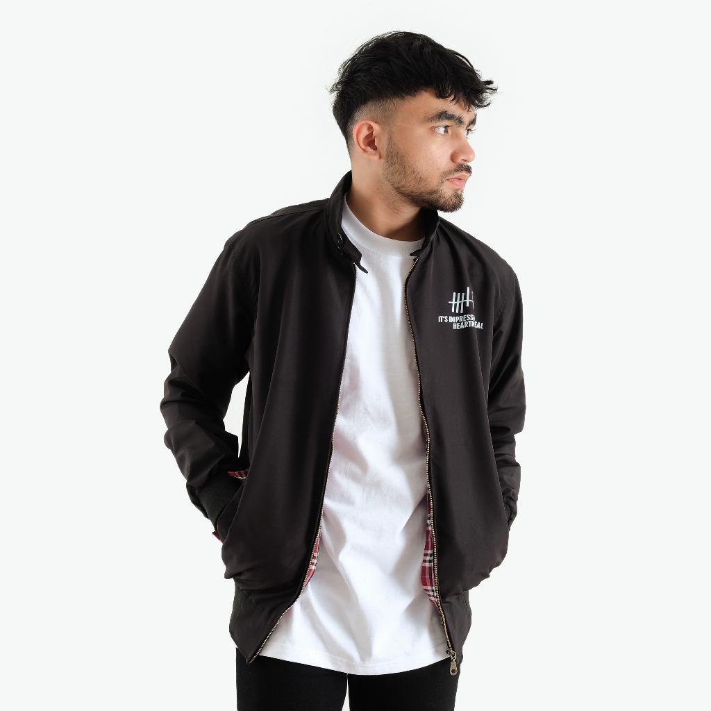 HEARTNESS Jaket Harrington Hitam Pria Wanita Tartan Lining