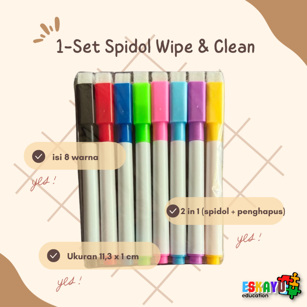 

1 SET 8PCS SPIDOL WARNA WARNI + PENGHAPUS / SPIDOL WIPE AND CLEAN MINI 8 PCS TANPA MAGNET / SPIDOL KECIL PAPAN TULIS ANAK BAYI BALITA