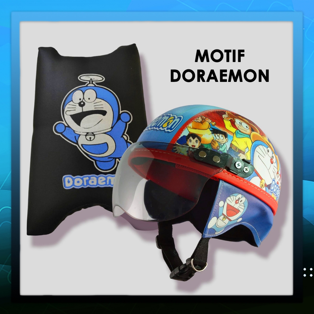 (Paket Set) Helm Anak DORAEMON dan Jok Boncengan Anak DORAEMON / Helm Anak Bogo Retro