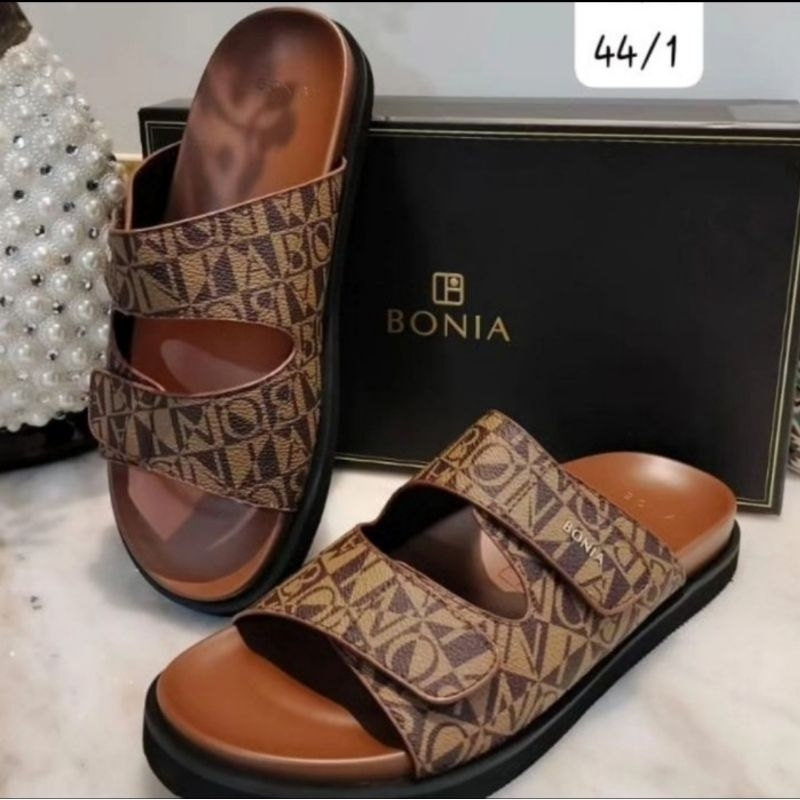 sandal cowok bonia original flat shoes 2 tali monogram coklat