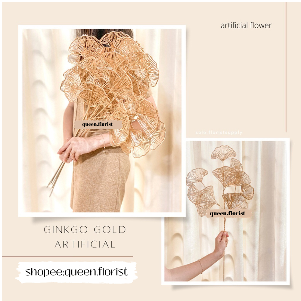GINKGO GOLD ARTIFICIAL Aksesoris Kipas 3 Cabang Ginko Daun Bunga Ginkgo Emas Artificial Golden Flowe
