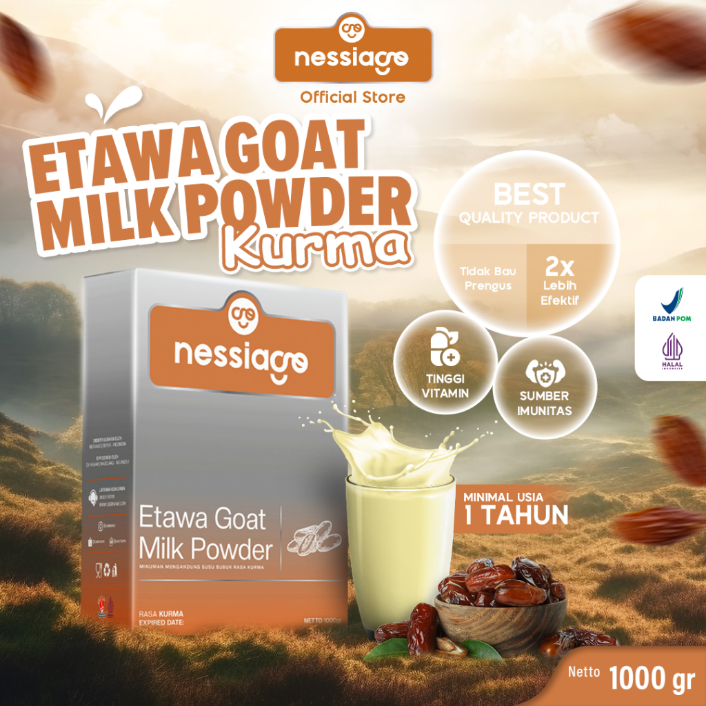 

Nessiago Susu Kambing Etawa Bubuk 1 KG Rasa Kurma Qurma | Ettawa Goat Milk Powder Drink COD Natural Asli Herbal Pemulihan Pengobatan Sesak Nafas Paru Paru Asam Urat Saraf Kejepit Alergi Rematik Perkokoh Tulang Gigi Lansia Orang tua BalitaTerjangkau tunai