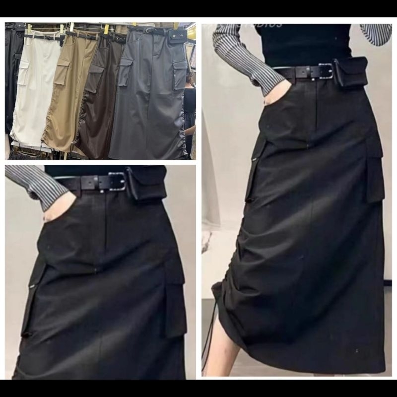 Rok Kargo Kulit Latex Wanita Fasion Latex Cargo Skirt BT00454