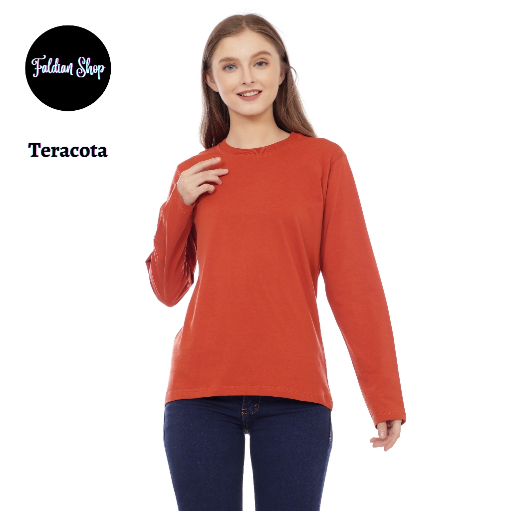 Kaos Polos Wanita Oneck Lengan Panjang Bahan Katun Combed 30s Warna Teracota