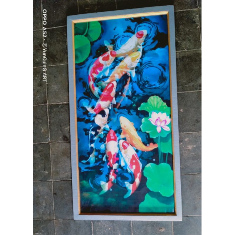 hiasan dinding lukisan cetak ikan koi hoxy plus bingkai ukuran 105*55
