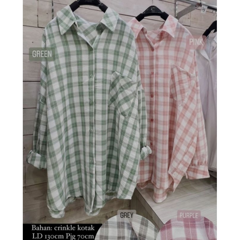 Ava Shirt Kemeja Wanita Bahan Crinkle Motif Kotak Kotak Lengan Panjang