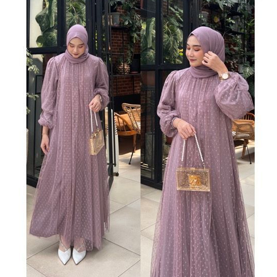 Aziee Dress Set Outer Size Jumbo M-XXL Dress Satin Mix Tulle Dot Kondangan Mewah Elegant New Motif D