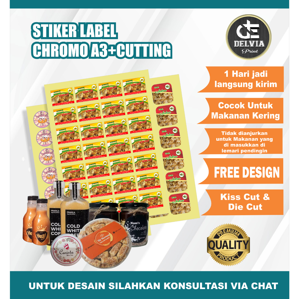 

Print Stiker Chromo BULAT /KOTAK/ROUNDED/SESUAI POLA /A3+/+ CUTTING, Label Produk/Kemasan/Free Disain