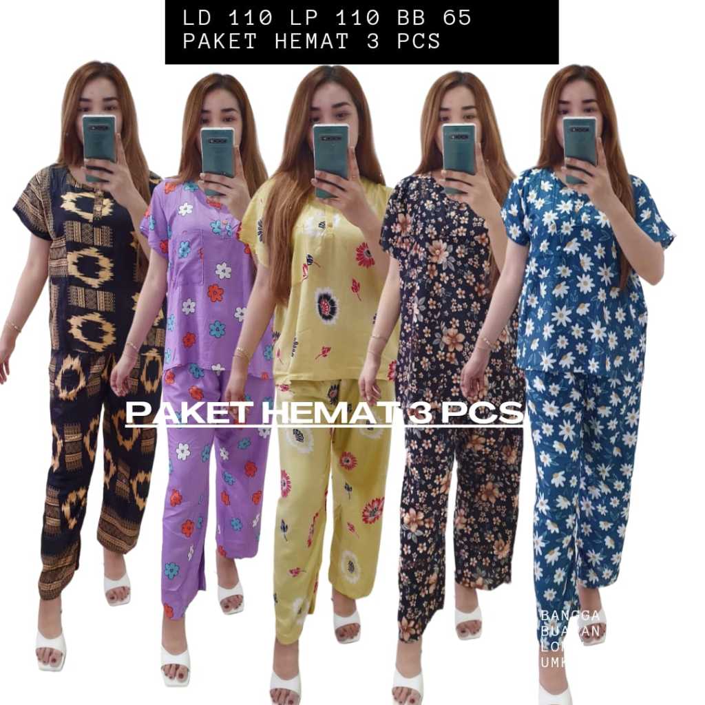 PAKET USAHA 3 PCS Setelan Baju Tidur Std Piyama Panjang Babydoll Bahan Rayon