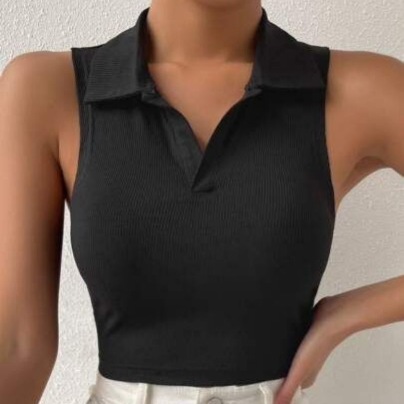 Tanktop Crop Rib V Neck Women Korean Style Tbk