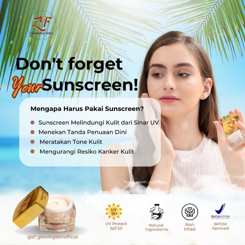 Sunscreen ZF GLOWING SKIN SPF 50 100% ORI Halal BPOM
