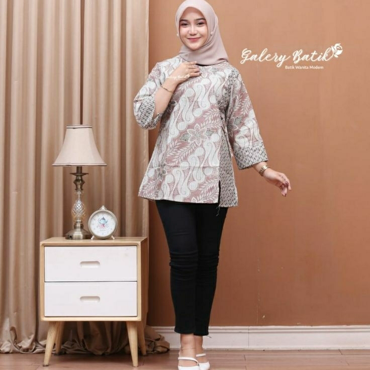 Baru Baju Batik Wanita Modern Kantor Elegan Lengan 3/4 Panjang Balon Premium Jumbo Blouse Lebaran Wa