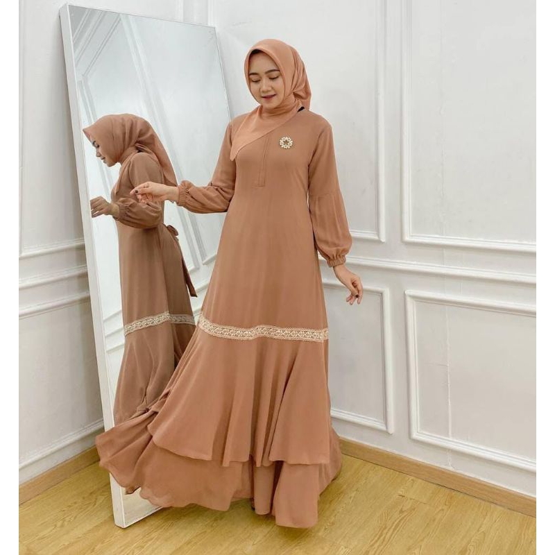 Gamis Malay Renda Premium Ceruty Babydoll Layer Full Furing Konbinasi Renda Mewah Baju Kurung Sifon 