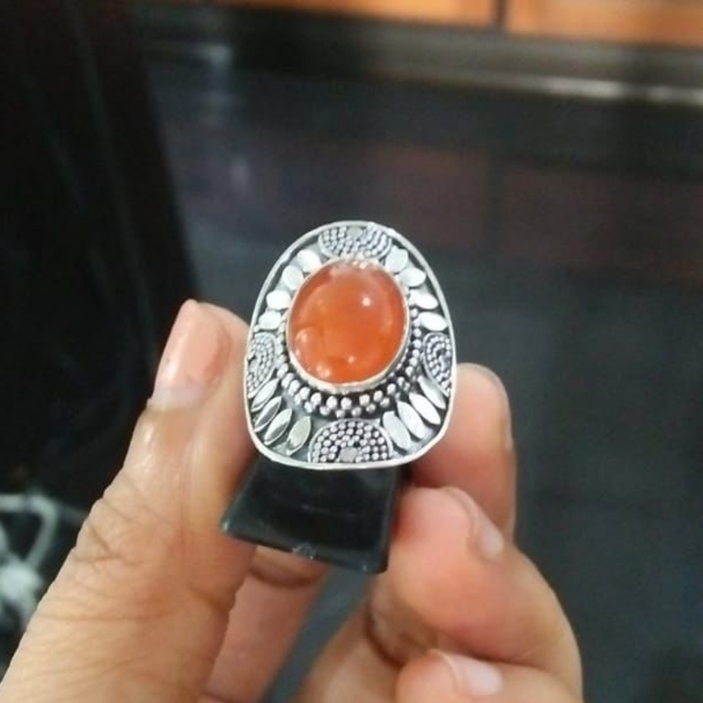 Cincin ring perak silver bali 925 ukir Panjang batu natural Oval Carnelian wanita pria custom elegan
