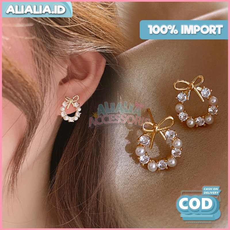 Anting Korea Wanita Titanium Tusuk Giwang Mutiara Pearl Aksesoris Perhiasan Gaya Kekinian