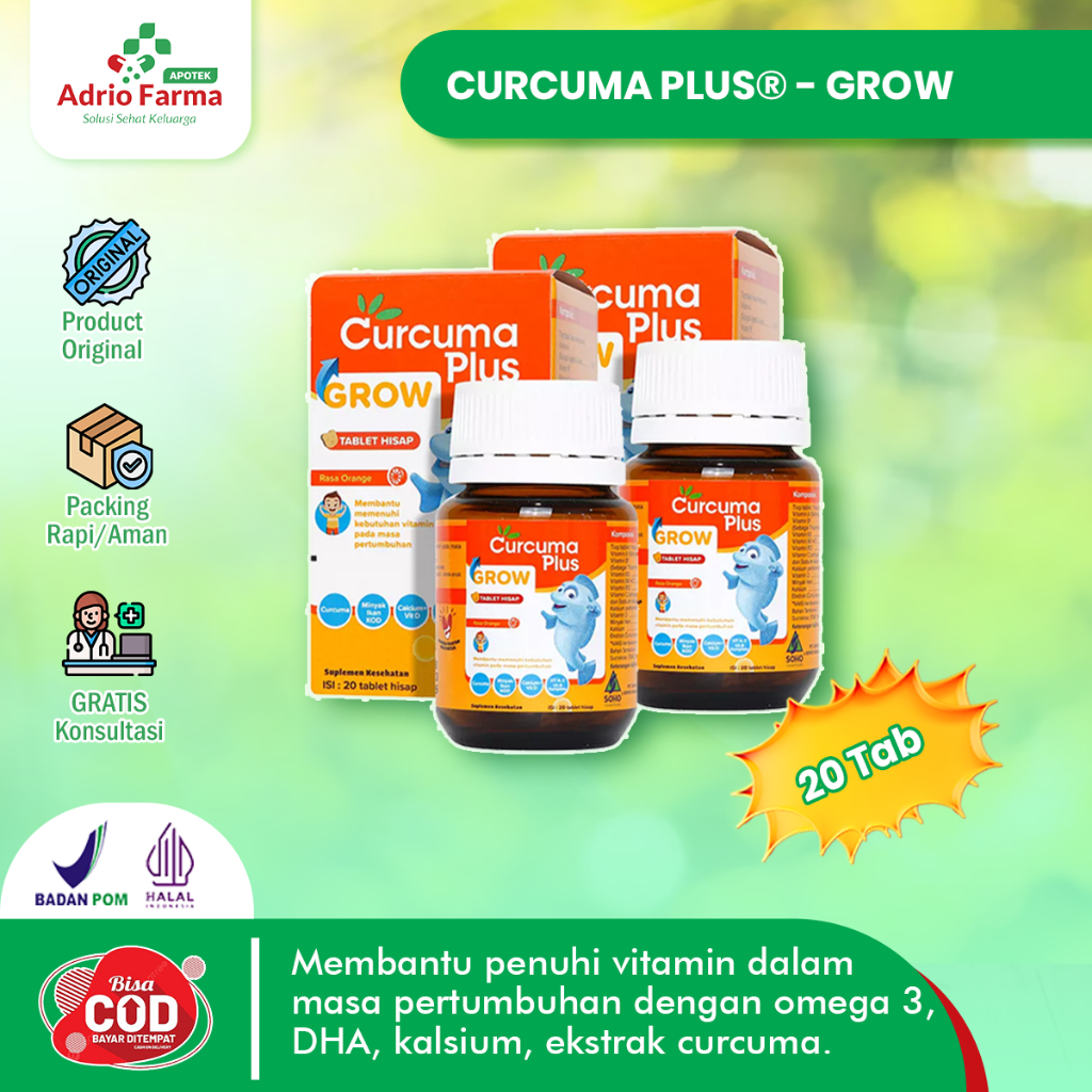 CURCUMA PLUS - GROW TABLET HISAP Botol @ 20 Tab (NEW PACK) - Rasa JERUK - MULTIVITAMIN + SUPLEMEN Ke