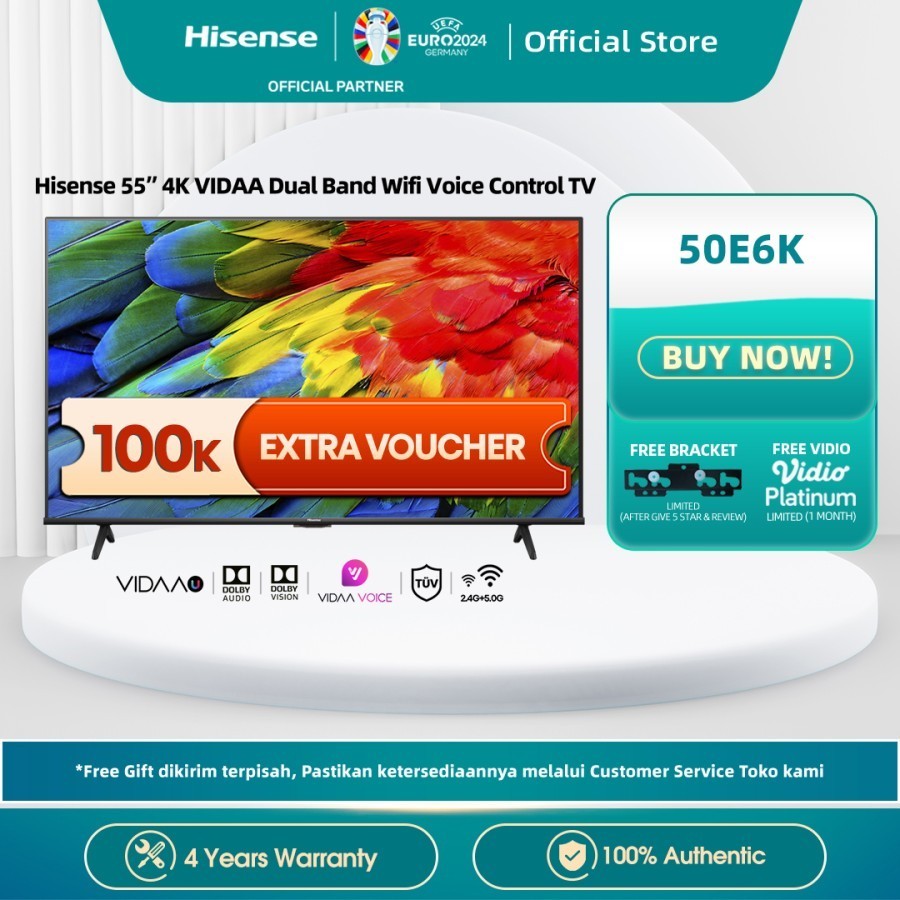 ED TV HISENSE 55E6K , Smart TV 55 Inch 4K UHD Bezelles Design