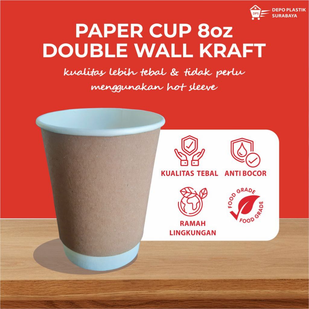 PAPER CUP 8oz DOUBLE WALL KRAFT PAPER CUP POLA PAPER CUP TEBAL COKELAT KRAFT