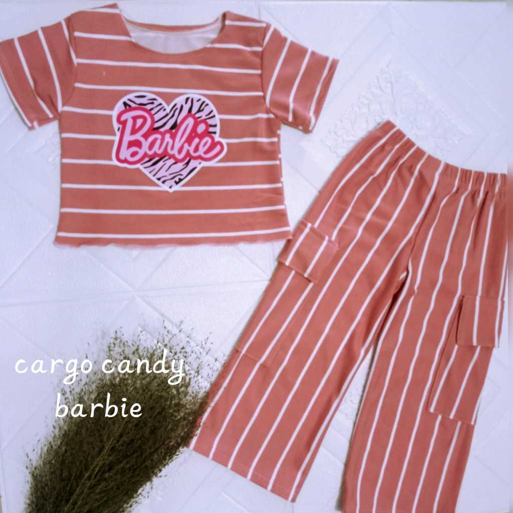 One Set Cargo Anak Perempuan Salur Candy Barbie Jumbo Usia 2-7 Tahun / Setelan Anak Perempuan Cargo 