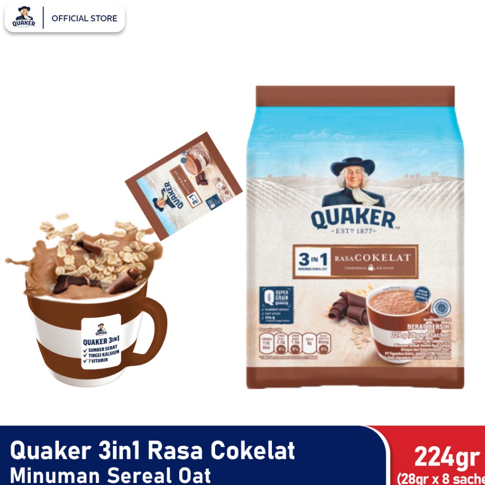 

Seller Quaker 3in1 Chocolate Polybag 224g Minuman Sereal Oats (Isi 8 sachet) Terbaru