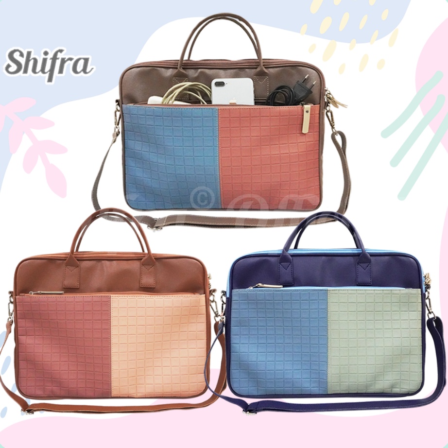 Stock Banyak Shifra Tas Laptop Selempang Tali Panjang Kantong Embossed Kombinasi Dua Warna Blue Mint