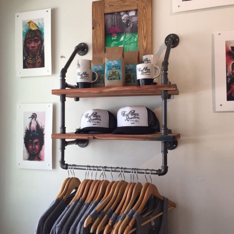 Rak industrial-gantungan baju - Rak kayu jati - Rak dinding - Rak pipa besi industial