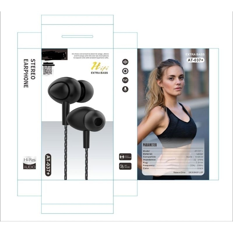 Hf Handset Handfree AT-037 Stereo Extra Bass Handphone Hf AT037