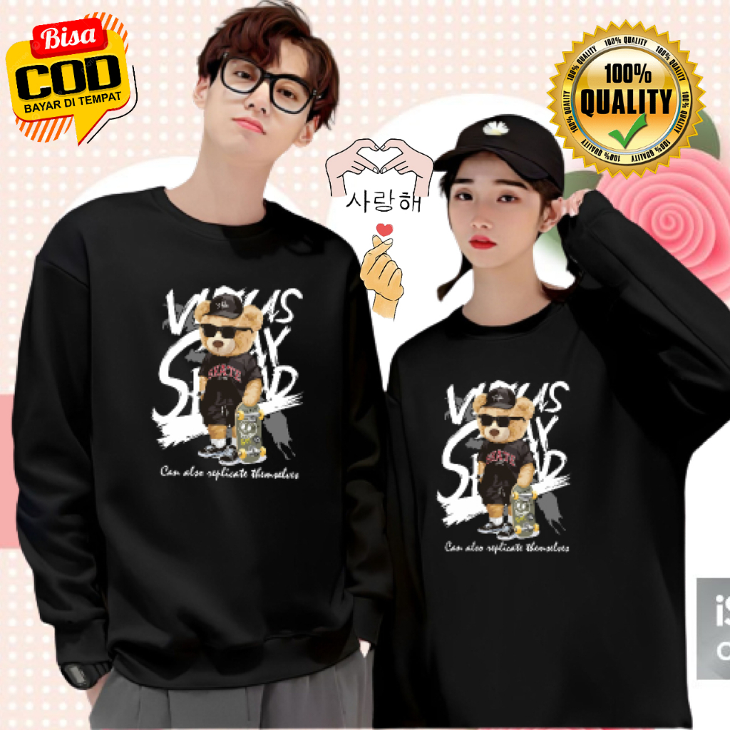 Baju Kaos Couple Pasangan Bear SKATE/ Kaos Lengan Panjang Kapelan Model Sweater / Kaos Couple Cewek 