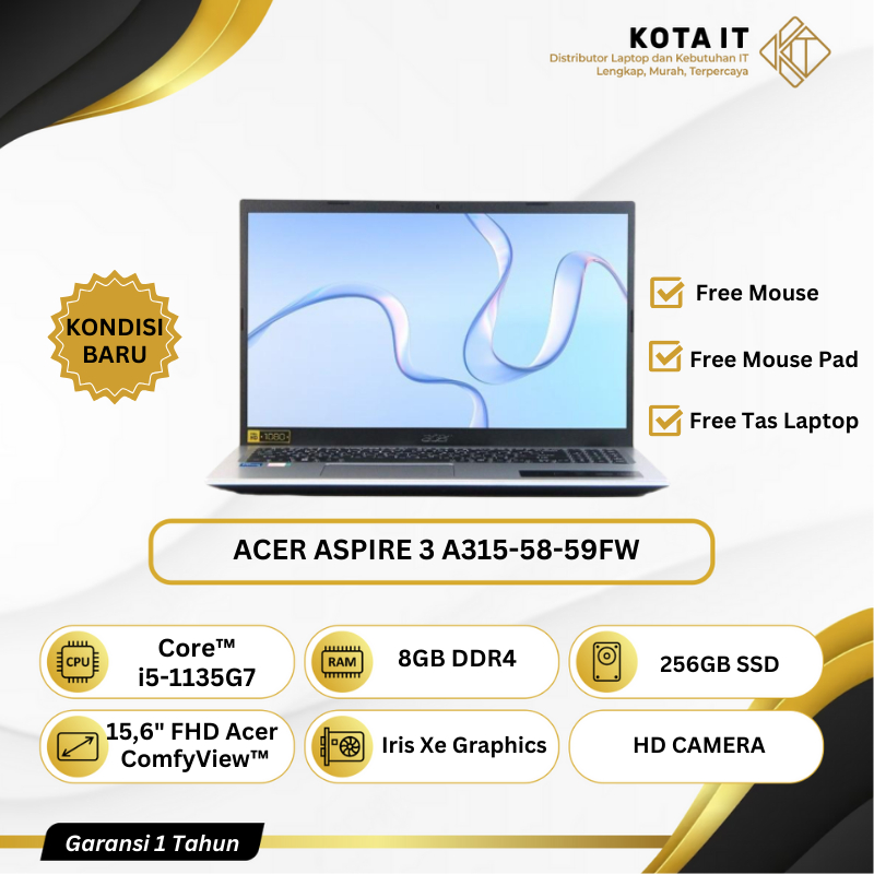 LAPTOP Acer Aspire 3 A315 - 58 - 59FW core i5 Gen 11 RAM 8GB SSD 256GB