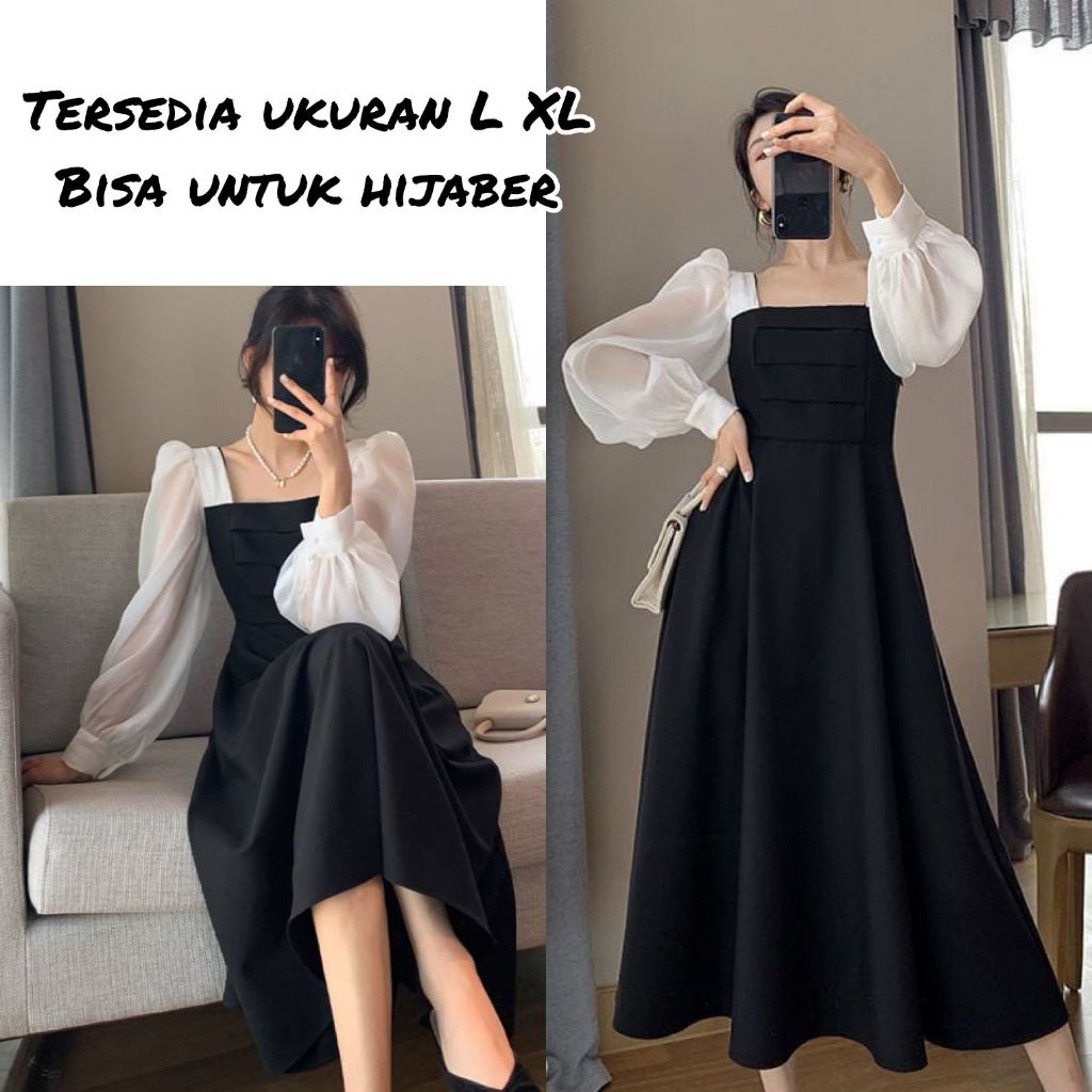 Long Sleeve Midi Dress Korean Look Fashion Wanita Dress Lengan Panjang L XL Hitam Merah Maroon Dress