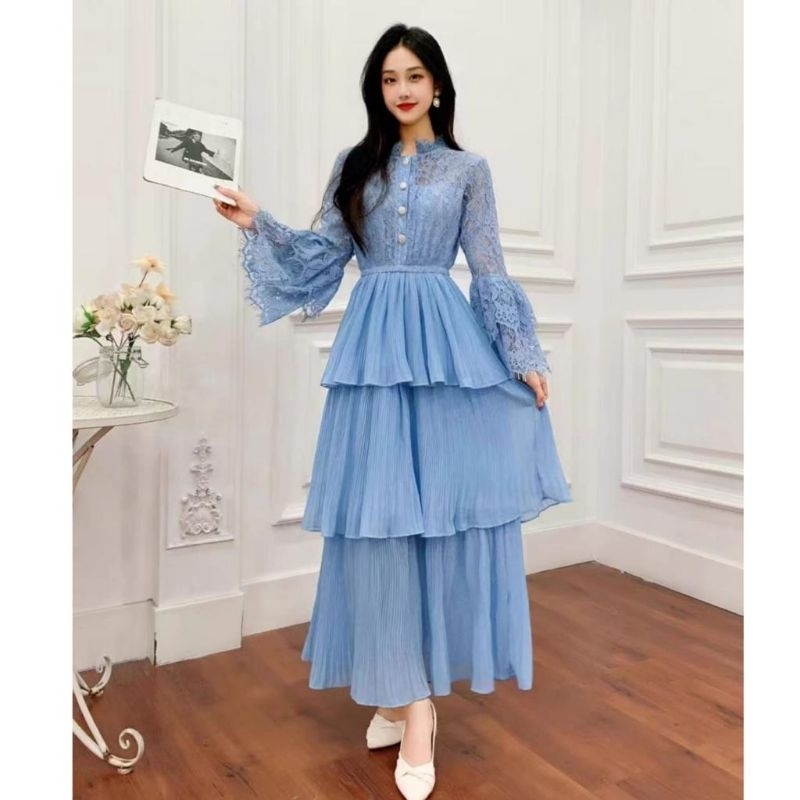 91955 Fashion maxi long dress dres lengan panjang trompet lace brukat brokat bkk bangkok cantik mani