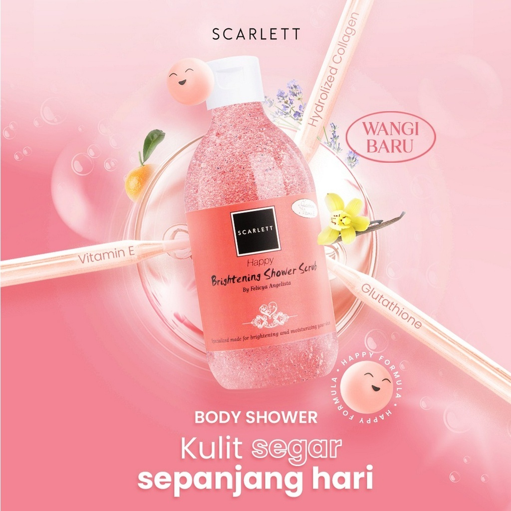 SCARLETT WHITENING Shower Scrub Series 300ml || Shower Scrub Jolly | Happy | Loving | Charming | Freshy | Pomegranate | Mango | Cucumber | Coffee || Scarlett Whitening by Felicya Angelista