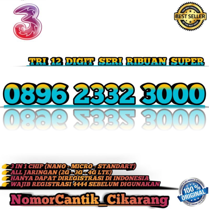 NOMOR CANTIK TRI 12 DIGIT PROMO / NOMOR CANTIK TRI RIBUAN SUPER 2332 3000 2442 8000