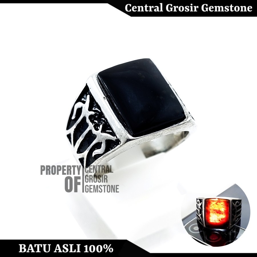 Cincin Batu Akik Yaman Wulung Api Asli Natural Ring Perak Pria Hitam