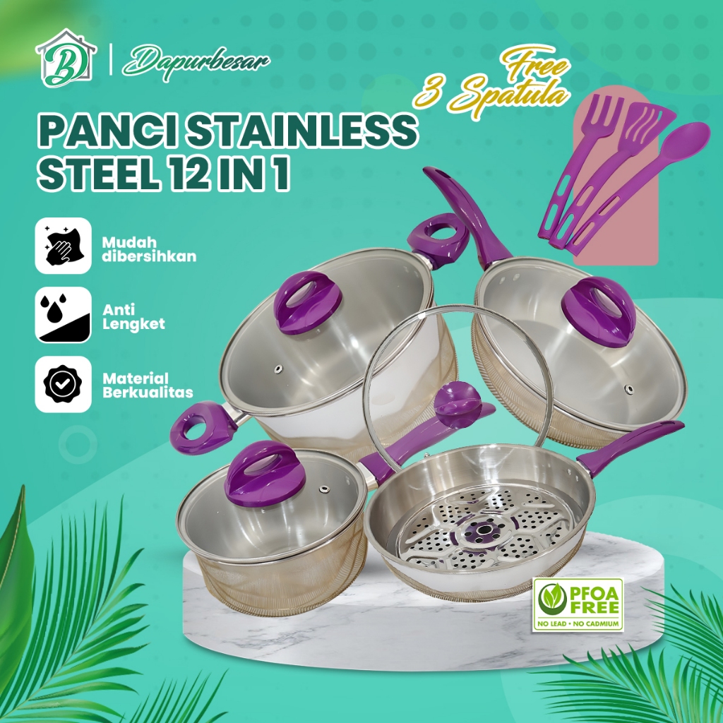 Panci Set HIGHPOT Steamer 12 In 1 High Pot 12 PCS Stainless Steel Tutup Kaca ( Kukusan dan free Spatula )