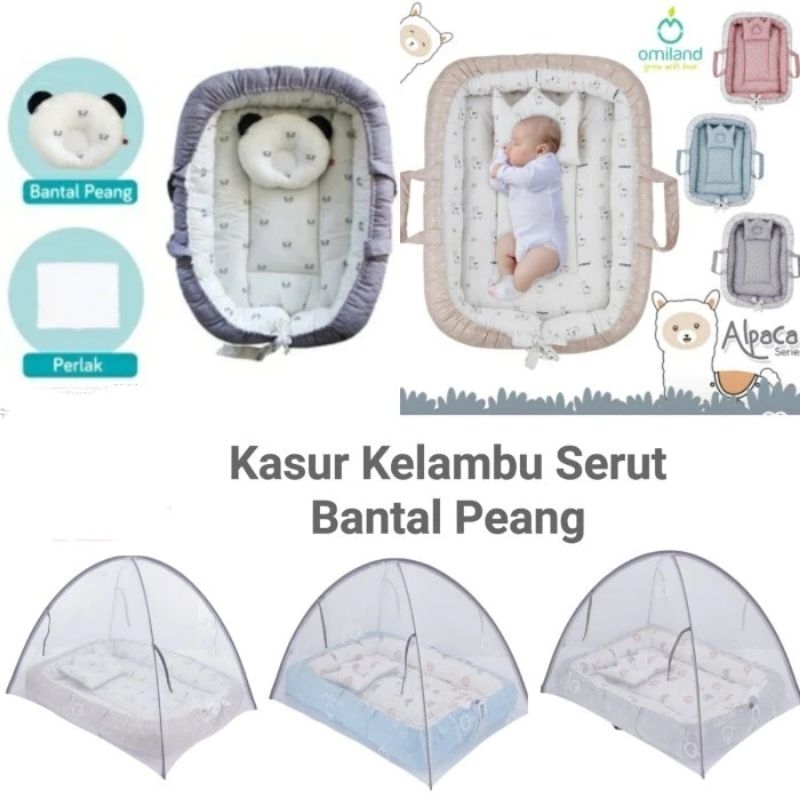 Kasur/Tilam Serut Bayi Omiland + Kelambu Motif Alpaca dan Panda
