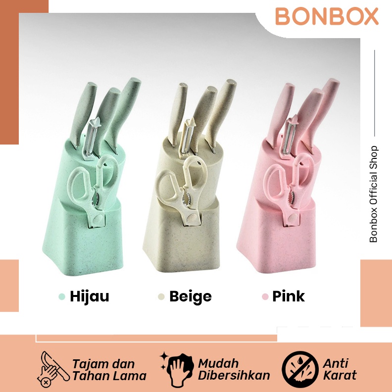 Terbaik BONBOX Pisau Set 6 in 1 Pisau Dapur Jerami Stainless Knife Set Berkualitas Anti Karat Tajam 