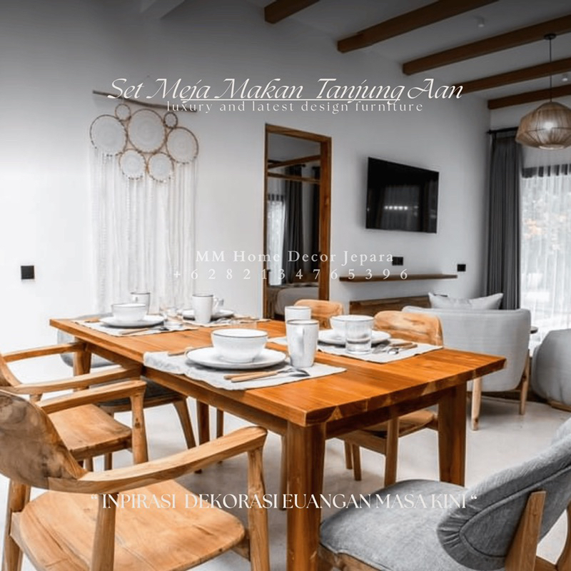 Set Meja Makan Tanjung Aan minimalis terbaru dari MM Home Decor Jepara material kayu jati kombinasi 