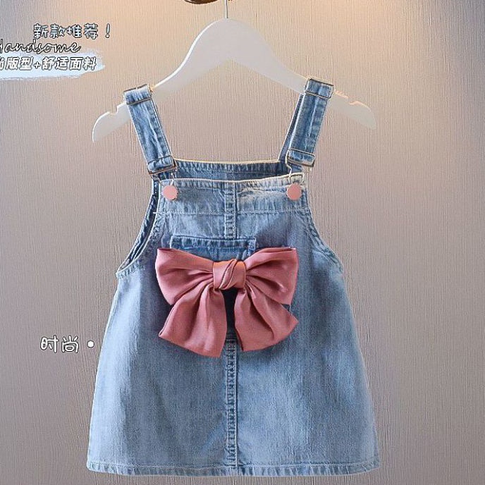 New [PRINCESS KESLI] 1-7 Tahun Overall Anak Denim Jeans Pita Pink Perempuan Soft Mini Dress Import.