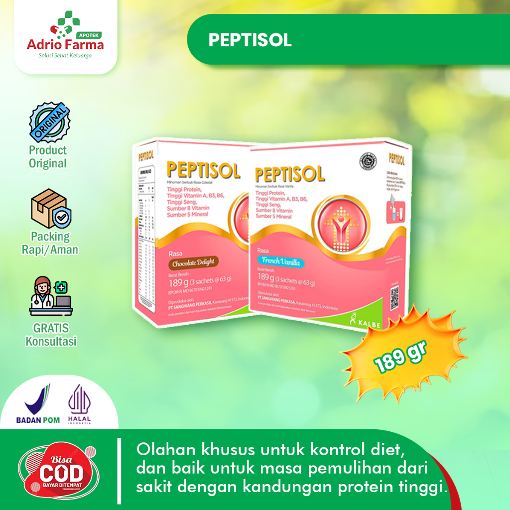 

PEPTISOL - BOX 3 SACHET @ 189 gram (63g) - Rasa VANILA & COKELAT - Olahan Baik untuk Membantu Menjaga BB - Tinggi Protein